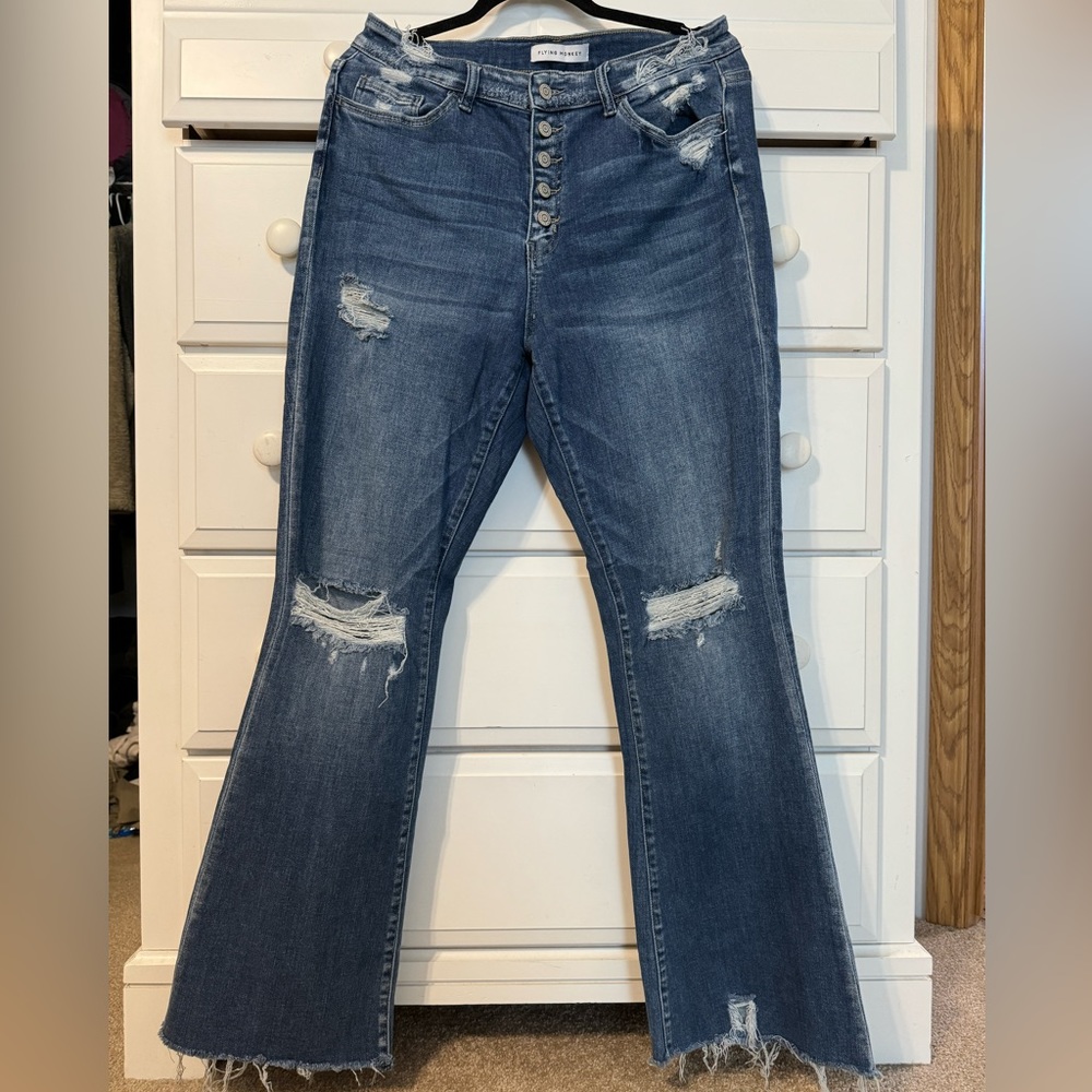 Flying Monkey High Rise Button Fly Distressed Flare Jeans 31